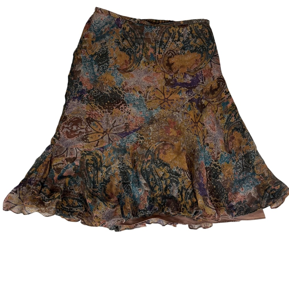 Coldwater Creek Womens M 100% Silk Paisley Ruffle Hem Midi Skirt Brown Multi